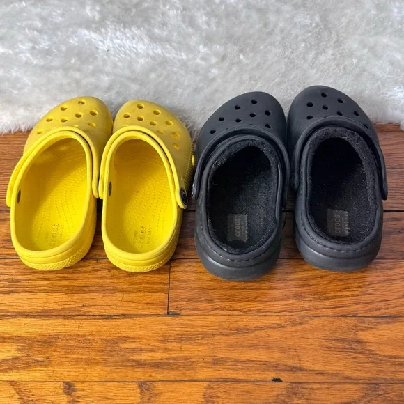 Kids Crocs Clogs Bundle Classic Yellow Lined Black Unisex Sz 12 - Picture 4 of 7